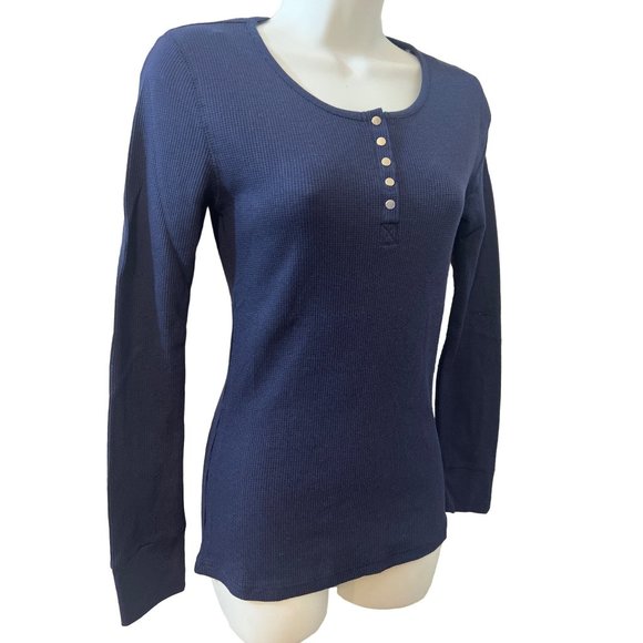 NEW Navy Blue Thermal Waffle V-Neck Knit Long Sleeve Top Size Large - Picture 4 of 5